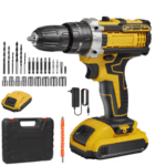 Taladro de impacto inalámbrico con múltiples brocas y accesorios para bricolaje y construcción.