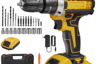 Taladro de impacto inalámbrico con múltiples brocas y accesorios para bricolaje y construcción.