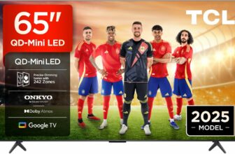TCL 65Q6C Televisor 65 Pulgadas QD-Mini LED 4K Smart TV, 1000 nits, 144Hz Motion Clarity Pro, Onkyo 2.1, Game Master, FreeSync, Google TV, Dolby Vision IQ y Atmos