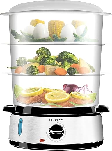Cecotec Vaporera eléctrica Vapovita 3000 Inox, 3 recipientes Independientes, Cuenco para Preparar arroz, Soportes para cocer Huevos