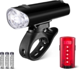 Amazon Basics Set de Luces LED para Bicicleta con Faro 100 Lúmenes y Luz Trasera 10 Lúmenes – Luces de Bici Impermeables 3 Modos con Soportes – Pilas Incluidas – Negro y Rojo
